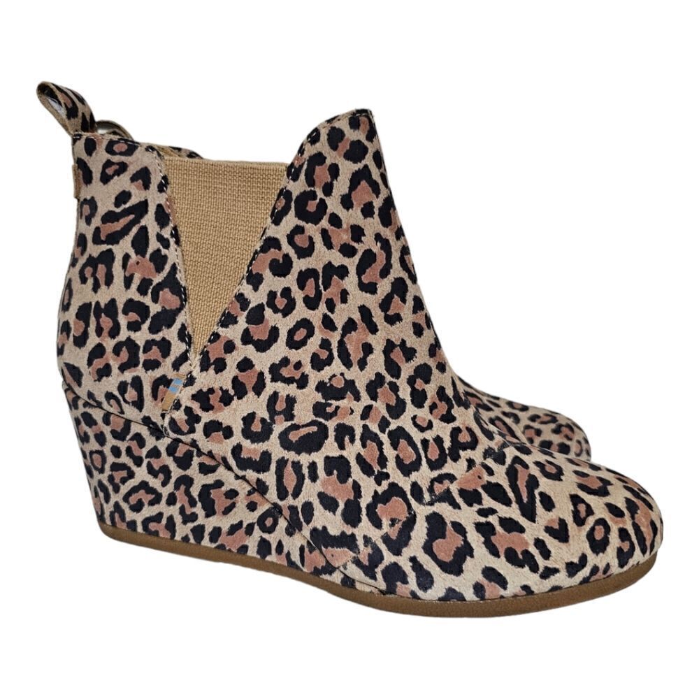 TOMS Kelsey Suede Animal Print Leopard Wedge Ankle Booties - Size 10